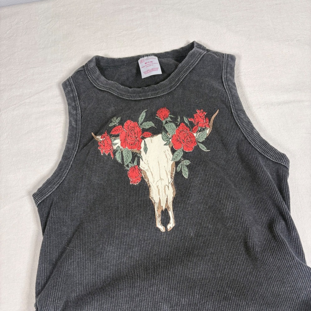 No Boundaries Ribbed Bull Skull Rose Graphic Tank Top Ruched Side Ties Gray M